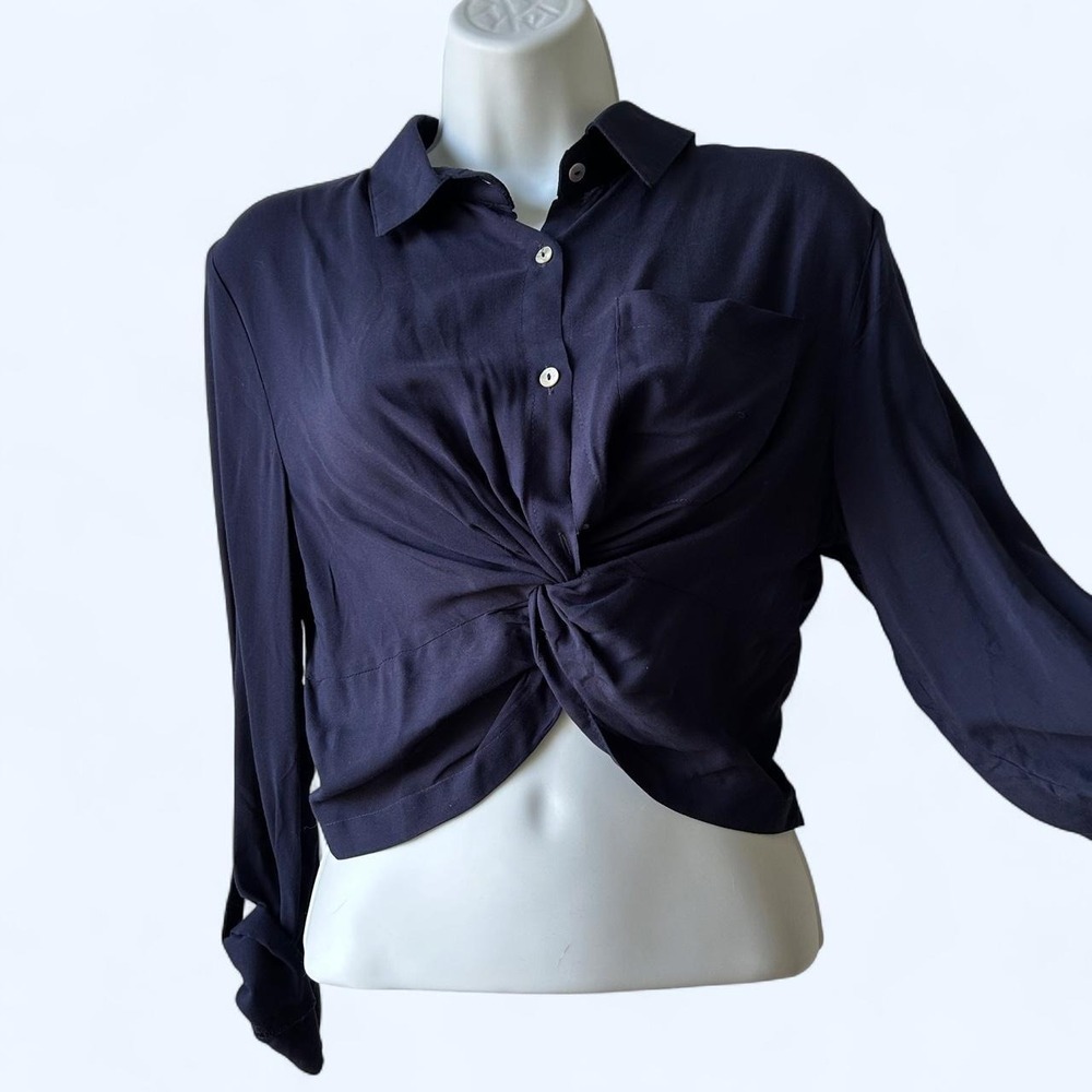 Love Tree Navy Blue Twist Front Crop Button Down Blouse - Size: Small
